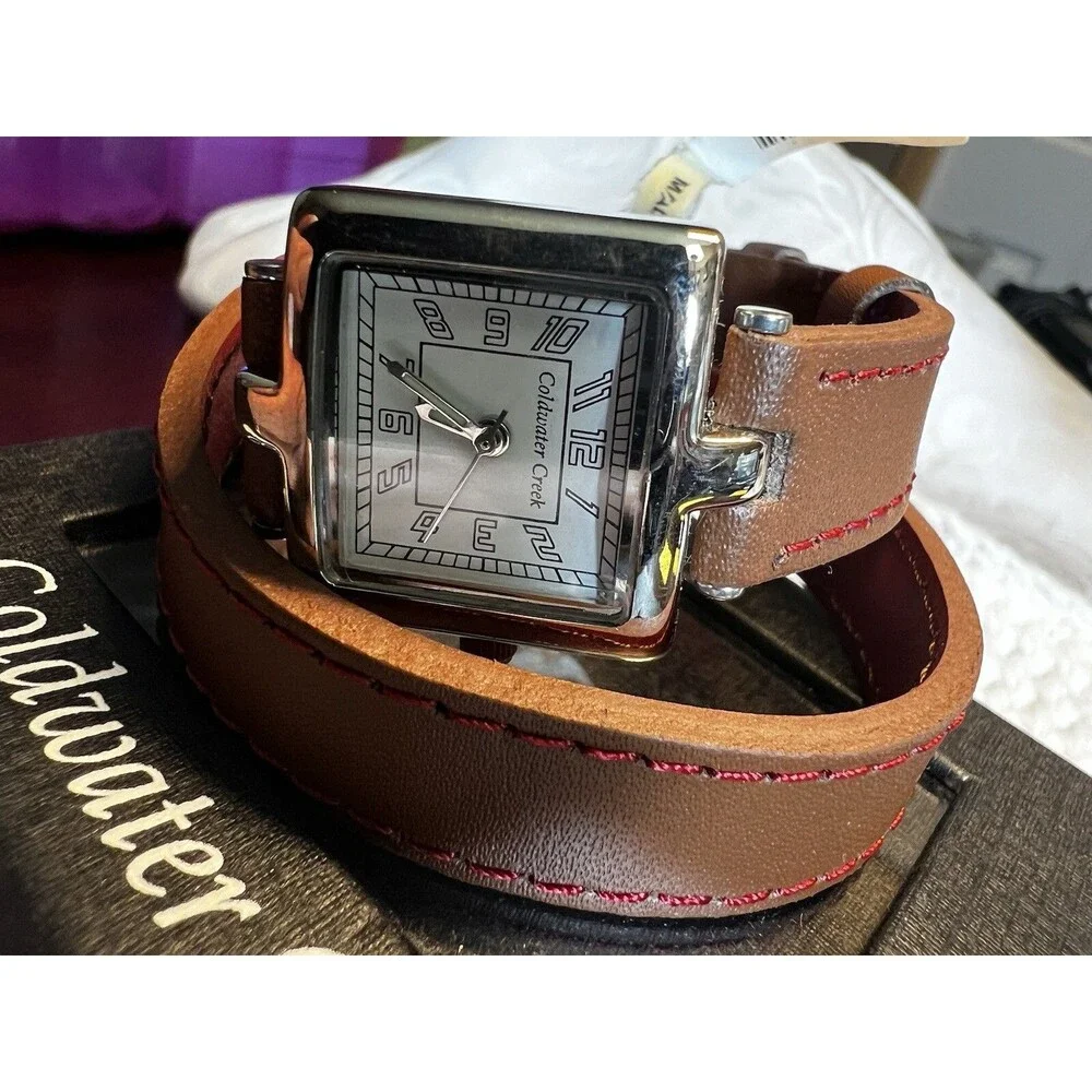 Coldwater Creek Silver Tone Square Case Brown Leather Wrap Band Watch. New